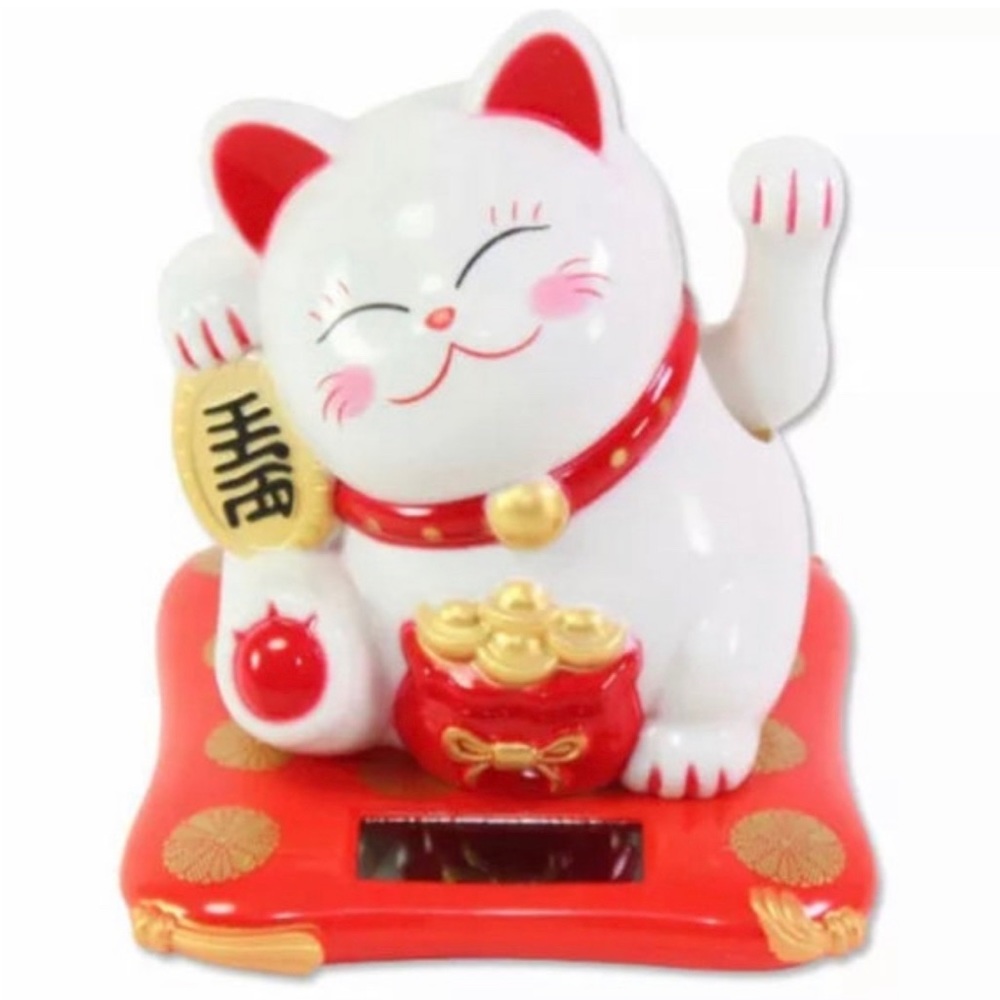 Solar Powered Welcoming Lucky Beckoning Hands Waving Fortune White Cat ,4”H